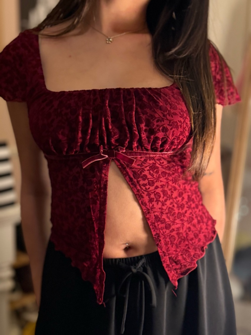 Women's Burgundy Velvet Floral Square-Neck Top